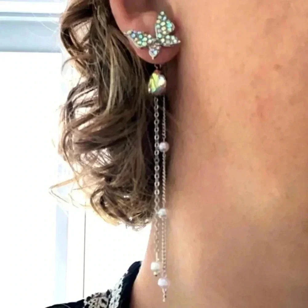Iridescent Crystal & Pearl Tassel Butterfly Gemstone Earrings NWT